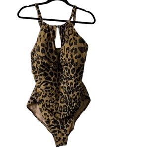 Ralph Lauren size 14 leopard print one piece swimsuit key hole front NWOT